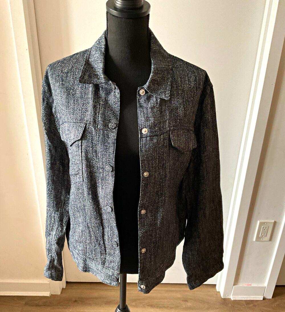 Theory Navy Herringbone Melange Linen Trucker Jean Jacket coat Blue Women’s L